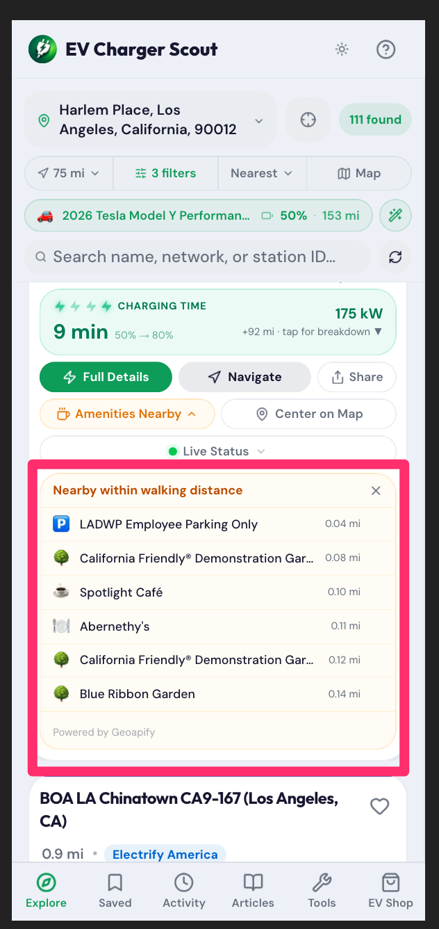 EV Charger Scout amenities nearby panel showing cafes, gardens, and restaurants within walking distance