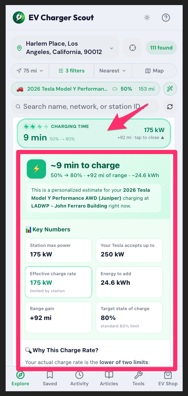 EV Charger Scout charging time estimate showing approximately 9 minutes to add 92 miles of range at 175 kW