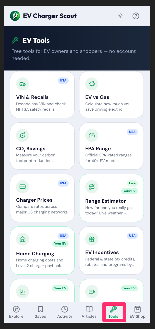 EV Charger Scout EV Tools hub showing VIN and Recalls, EV vs Gas, CO2 Savings, EPA Range, Charger Prices, Range Estimator, Home Charging, EV Incentives and more