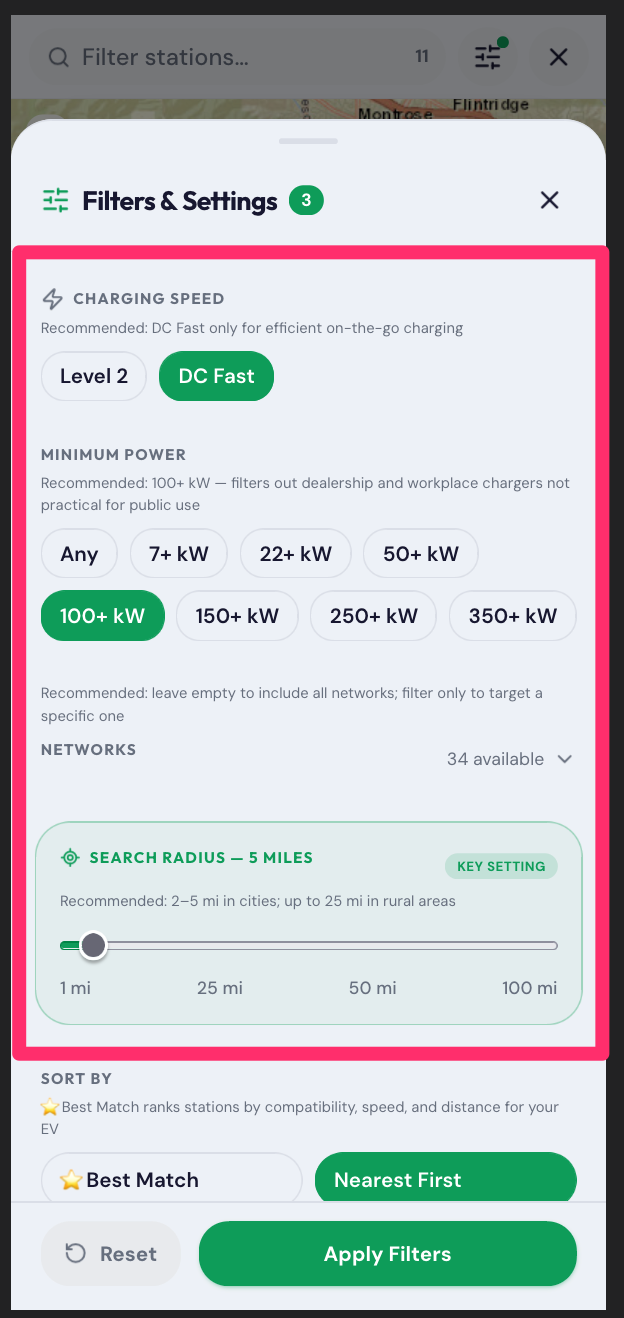EV Charger Scout filter panel showing charging speed options including DC Fast and minimum power of 100+ kW