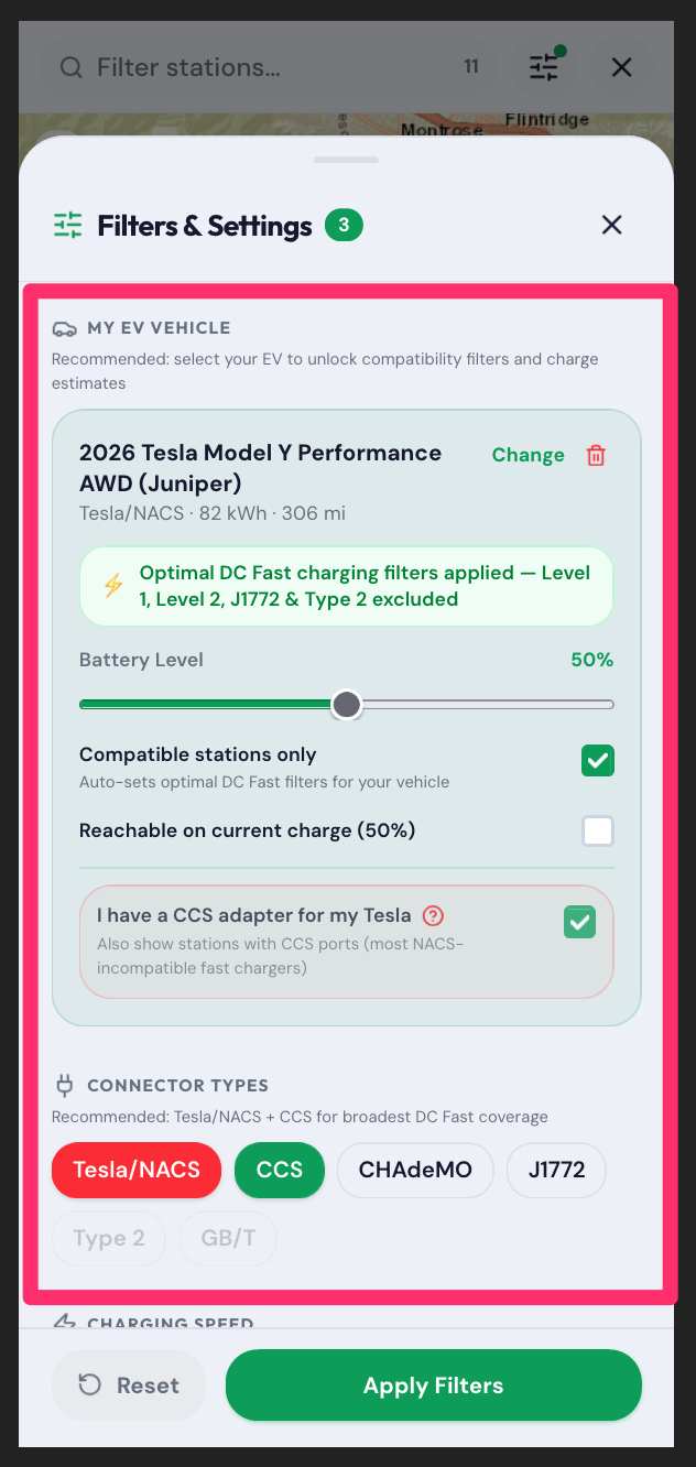 EV Charger Scout filter panel showing Tesla Model Y selected with DC fast charging filters applied