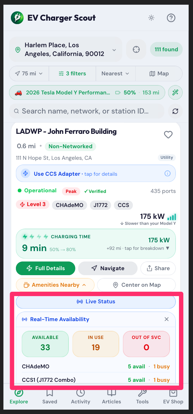 EV Charger Scout live status panel showing 33 available, 19 in use, and 0 out of service at LADWP John Ferraro Building