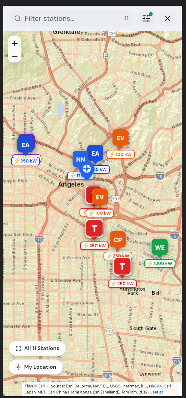 EV Charger Scout map view showing charging stations across Los Angeles with network abbreviations and kW ratings on pins