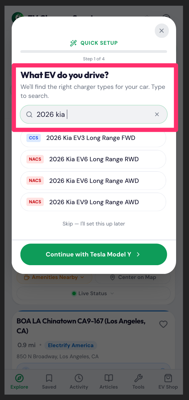 EV Charger Scout Quick Setup Wizard step 1 asking what EV you drive with Kia models listed