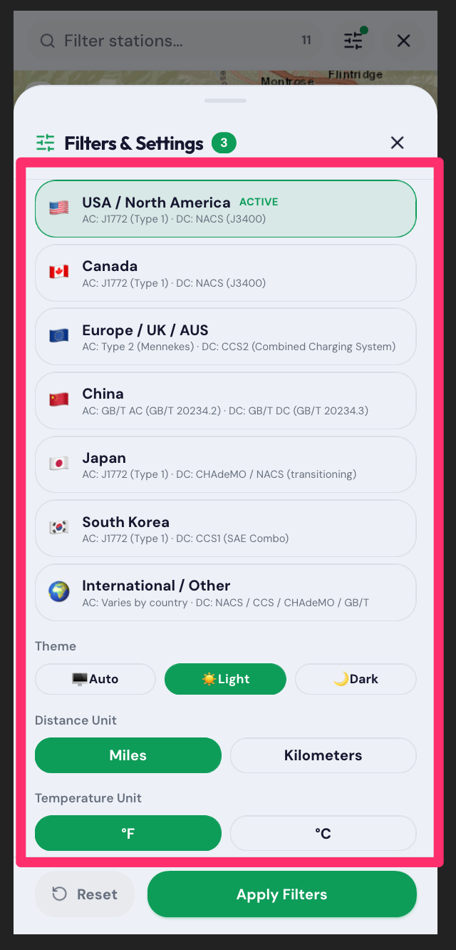 EV Charger Scout region settings showing USA, Canada, Europe/UK/AUS, China, Japan, South Korea, and International options