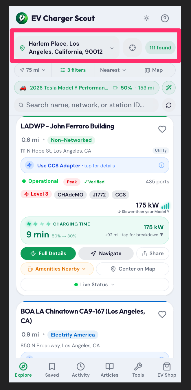 EV Charger Scout station list showing 111 stations found near Los Angeles with filter bar highlighted