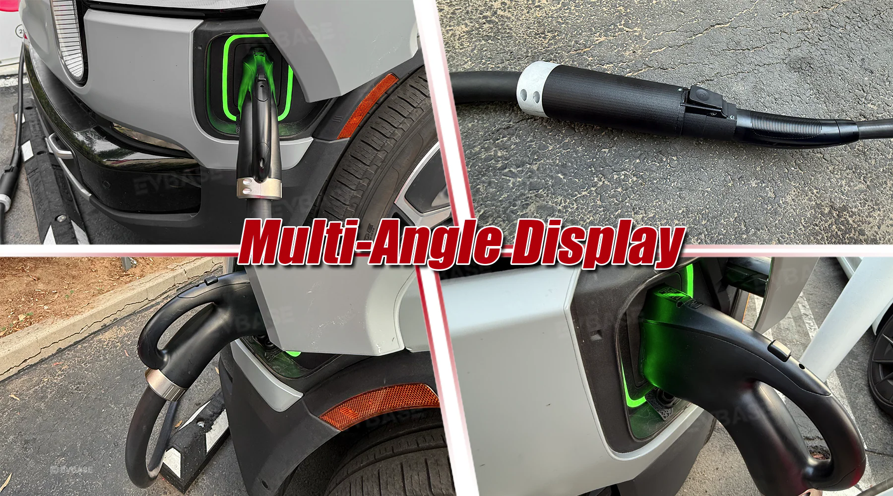 EVBASE NACS to CCS1 adapter shown from multiple angles at charging port