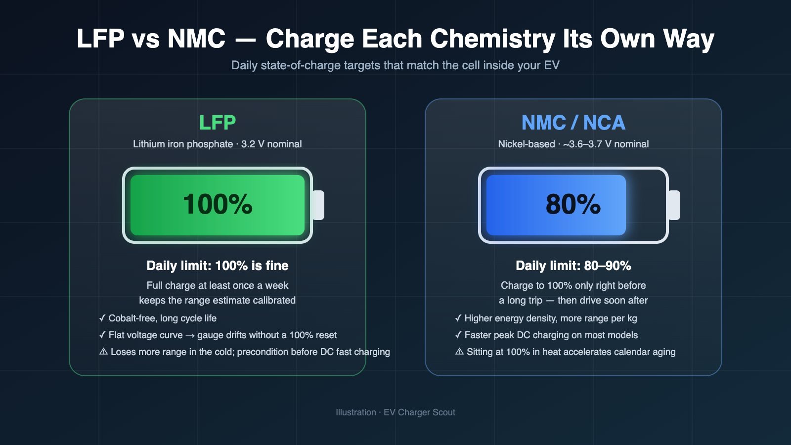 Infographic comparing LFP and NMC EV batteries: an LFP cell showing a 100% daily charge limit next to an NMC cell showing an 80% daily limit, with key traits of each chemistry