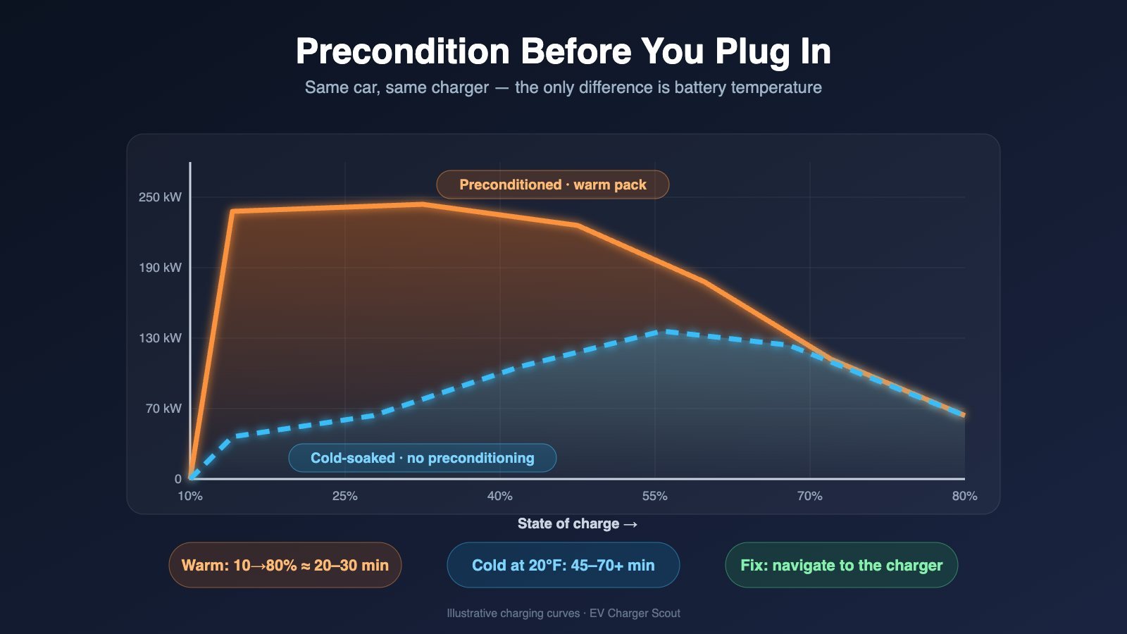 Chart comparing two DC fast-charging curves for the same EV: a preconditioned warm battery ramping quickly to about 250 kW versus a cold-soaked battery that starts near 40 kW and climbs slowly, with a 10-to-80 percent stop taking 20-30 minutes warm versus 45-70 minutes cold