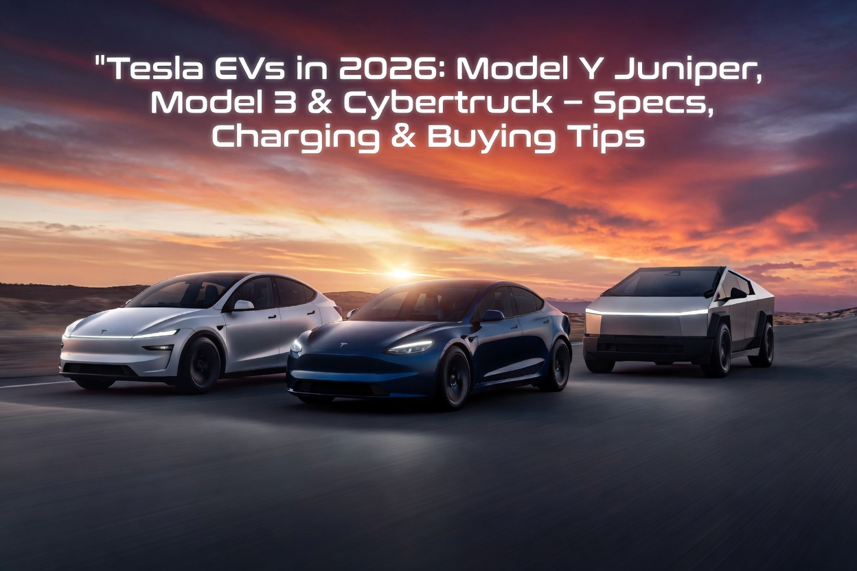 Editorial illustration of three modern electric vehicles — a crossover SUV, a sedan, and an angular pickup — parked side by side at a clean charging plaza